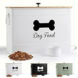Dog Food Container Airtight 15-20 lb (70 Cup) Capacity with Metal Scoop - Cute Airtight Dog Food Storage Container with Bamboo Lid - White Metal Kibble Storage Bin for Dogs up to 100 lbs - Big Pet Jar