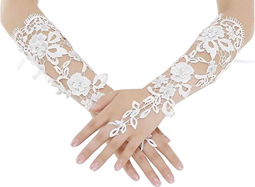WDING Long Fingerless Rhinestone Beaded Lace Bridal Gloves for Formal Wedding Prom Party (White)