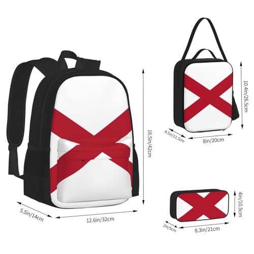 Alabama State Flag Print 3 Piece Backpack Set, Laptop Daypack, Lightweight Bookbag Set With Lunch Bag Pencil Case3