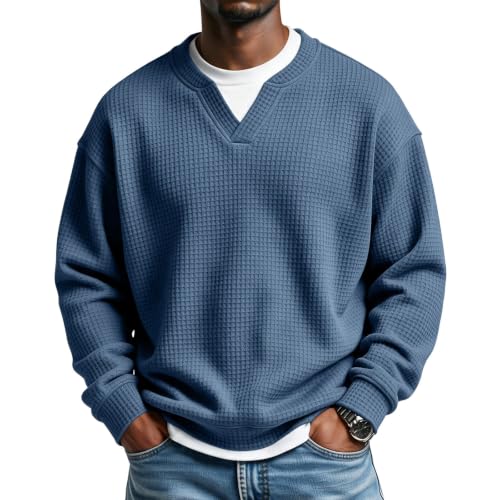 Mens Waffle Long Sleeve Shirt Knit Textured V Neck Pullover Sweatshirt - image 5