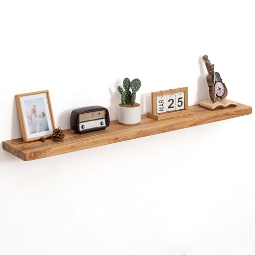 Image of Floating Shelves for Wall, 48 inchWx8 inchD Rustic Solid Elm Wood Floating Shelves Wall Mounted, Round Edge Wall Shelves with Invisible Bracket for Living Room Bathroom Bedroom Kitchen, Set of 1, Natural
