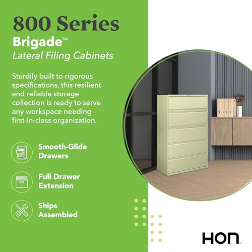 Image of HON 5 Drawer Lateral File Cabinet with Lock, Metal Filing Cabinets for Offices, Adjustable Hangrails for A4, Legal, Letter Files, 21.31 inch Deep, Putty