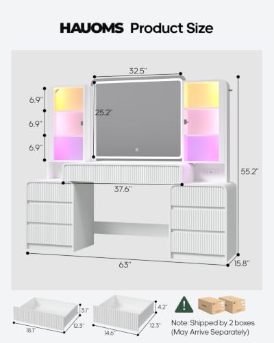 Image of Big Vanity Desk, Fluted Makeup Vanity with Mirror Lights, Dressing Table