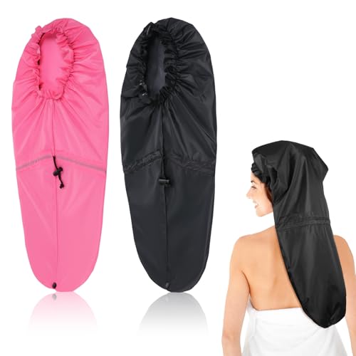 2pcs Large Adjustable Braids Shower Cap for Long Hair Waterproof Shower Caps for Women Men Reusable Extra Long Hair Bonnets for Dreadlocks Foldable Plastic Oversize Bath Hats (Pink Black)
