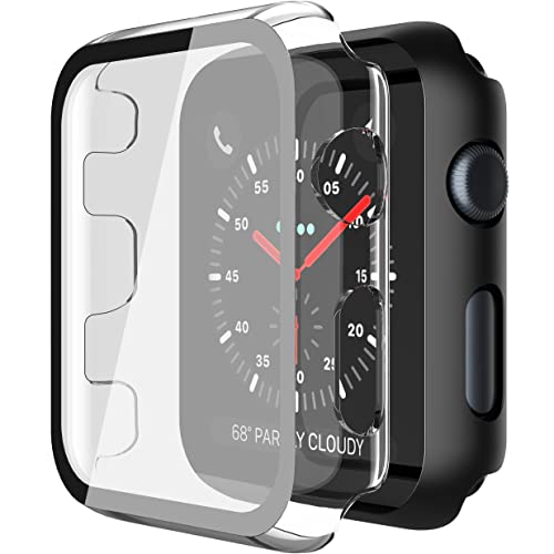 Image of Piuellia 2 Pack Hard Case with Tempered Glass Screen Protector for Apple Watch Series 3 Series 2 42mm, Ultra Thin PC Protective Case for iWatch, 1 Black+1 Transparent
