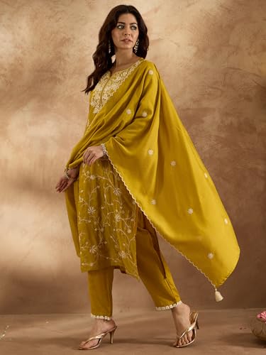 Image of INDO ERA Women's Teal Silk Blend Embroidered Straight Kurta Pant And Dupatta Set (IESTR6287)