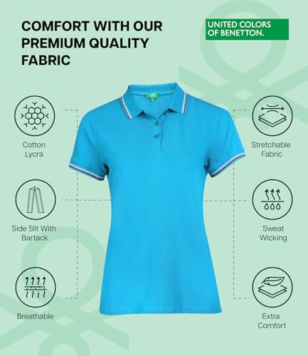 Image of UNITED COLORS OF BENETTON Women's Cotton Lycra Half Sleeves Plain Stylish Regular Fit Polo T-Shirt with Coloured Collar Tipping