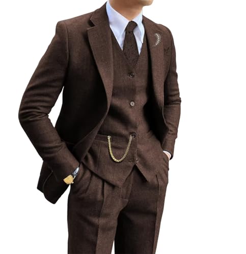 Traje Retro de Tweed marrón para Hombre, 3 Piezas, Ajuste Delgado, Trajes de Esmoquin de Boda, Chaqueta de graduación, Chaqueta, Chaleco, Pantalones para Hombre, Marrón Oscuro, Large