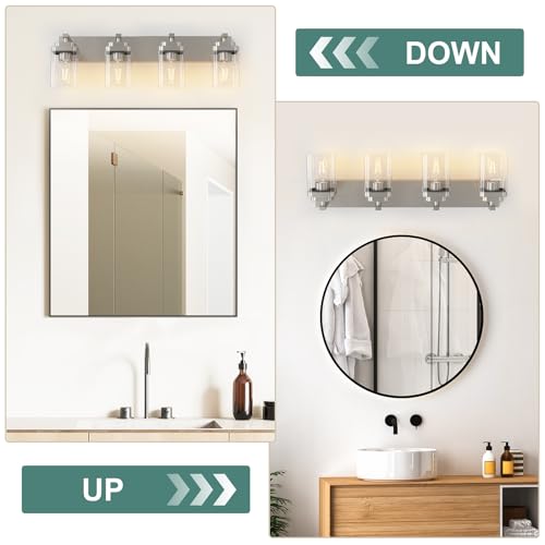 Image of Brushed Nickel Bathroom Light Fixtures, 4 Lights Bathroom Lighting Fixtures Over Mirror, Square Design & Rectangle Large Backplate, Modern Vanity Lighting Fixtures, for Living Room /Bedroom
