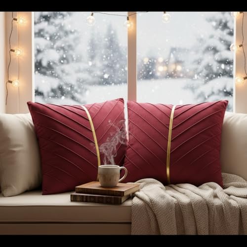 Image of Velvet Throw Pillow Covers 22x22 inch Pack of 2 Gold Decor Red