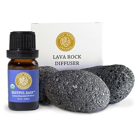 Natural Lava Rock Passive Diffuser & Organic Restful Ease Essential Oil Sleep & Stress Blend - 100% Natural Volcanic Aromatherapy by Silk Road Organic Cover
