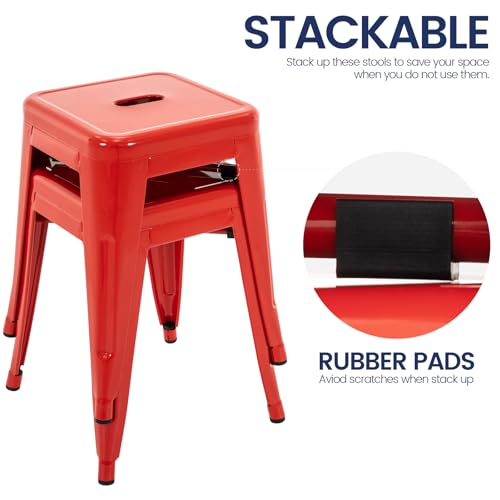 Image of Brage Living 18 Inch Industrial Metal Stools Set of 2, Short Stackable Classroom Stools, Backless Metal Dining Chairs for Indoor Outdoor Kitchen (Red)