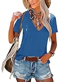 Topstype Deep V Neck T Shirts for Women Short Sleeve Sexy Tops Low Cut Cleavage T Shirt Blue