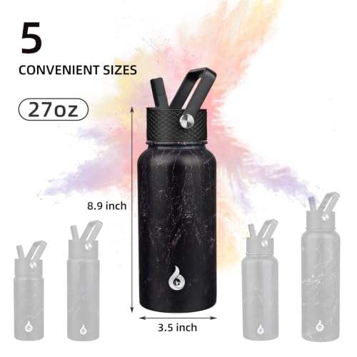 Image of BJPKPK Insulated Water Bottles with Straw Lid, 27oz Stainless Steel Water Bottle with 3 Lids, Leak Proof BPA Free Metal Thermo, Mugs, Tumblers, Keep Cold Hot -Midnight