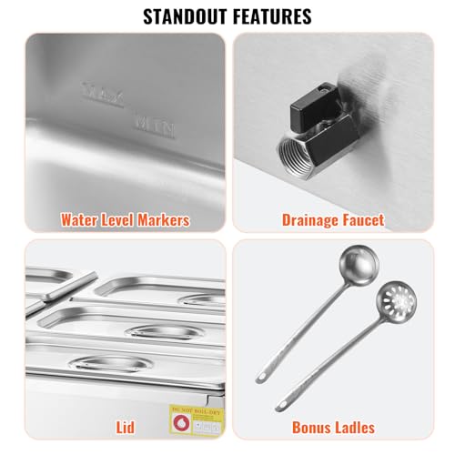 VEVOR kommerzieller Speisenwärmer 6 x 5 Qt Speisebehälter (1/3 Größe), elektrische Warmhalteplatte, 1500 W professionelles Buffet-Set aus Edelstahl, Buffet-Bain-Marie, 30–85 °C Temperaturregelung – Bild 7