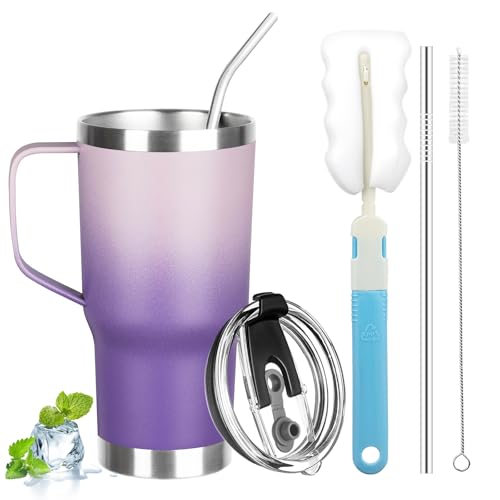 Image of 20 oz Tumbler with Handle, Stainless Steel Insulated Tumbler with Lid and Straw, Double Wall Vacuum Coffee Mug Tumbler, Insulated Coffee Thermal Cup for Cold and Hot (Light Dark Purple, 20, ounces)