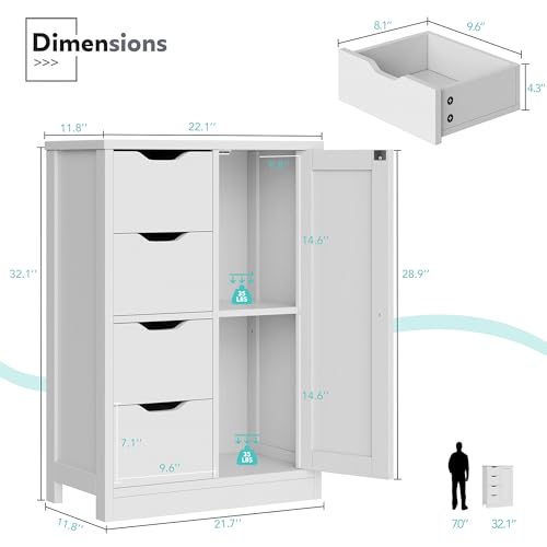 Vongrasig Bathroom Floor Storage Cabinet, Wooden Storage Organizer with 4 Drawers and 1 Door, Freestanding Pantry Cabinet with Adjustable Shelves for Bathroom, Living Room, Kitchen, Entryway, White - Thumbnail 3