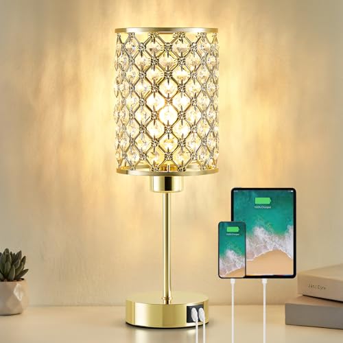GyroVu - Lámpara de mesa de cristal con puertos USB-C/A – Lámpara de noche táctil de 3 niveles de luz – Pantalla cristalina para dormitorio de niña y salón – Incluye bombilla (dorado)