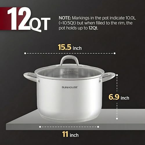 image for SUNHOUSE Stainless Steel Stock Pot - 11 Quart Heavy-Duty Induction Coo