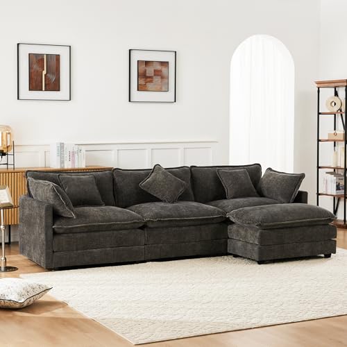 REXO Sofá de tres plazas de diseño moderno muebles tapizados de tela de chenilla sofá de esquina con reposapiés en forma de L adecuado para sala de estar y dormitorio vídeo disponible