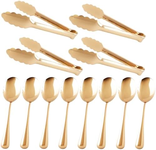 12PCS Stainless Steel Serving Utensils Sets with 8 Large Serving Spoons,4 Serving Tongs,Gold Serving Utensills Sets for Buffet Catering Banquet Party (Gold)