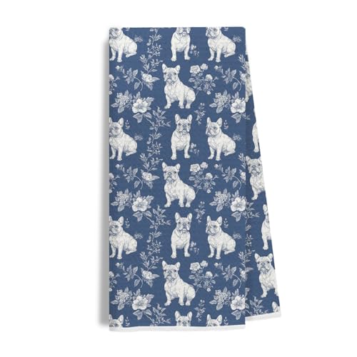 Image of Blue Chinoiserie French Bulldog Dish & Hand Towel, Dog Lover Gifts for Women Mom, Vintage Floral Dog Kitchen & Tea Towels for Kitchen Bathroom Decor, 16x24 Inch