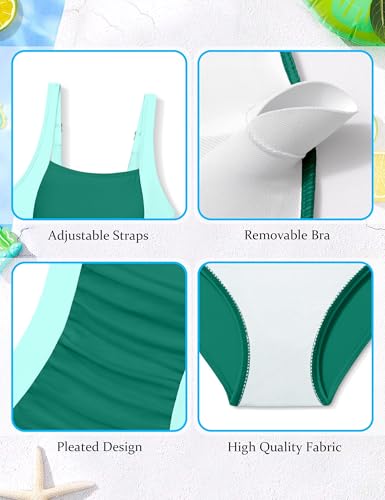 Image of Girl Swimsuit One Piece Bathing Suit for Girls Solid Color Ruched Adjustable Straps Padded Swimwear 9-18y