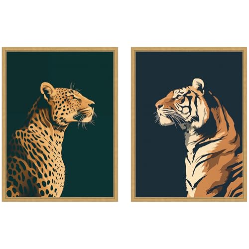 Kate and Laurel Gold Emerald Leopard Navy Tiger 2 Piece Framed Canvas Wall Art Set by The Creative Bunch Studio, Sylvie Bright Gold Modern Contemporary, Animal Art for Wall Decor