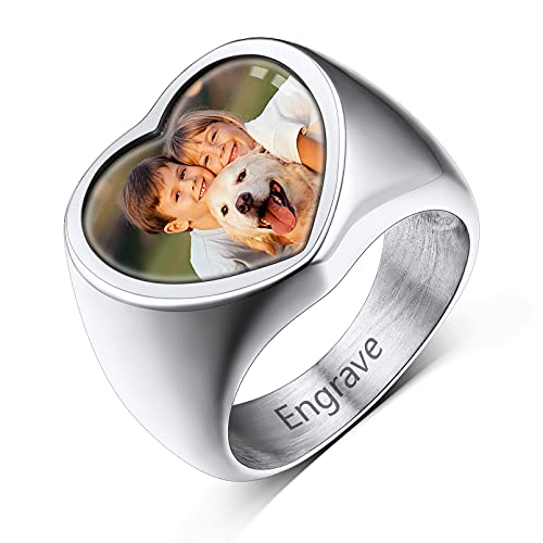 Custom4U Personalized Rings with Pictures Inside Custom Photo Ring Name Engraving Stainless Steel Signet Ring/Heart Ring Size 7-14 Customized Memorial Jewelry for Men Women (Gift Box) E-Hear