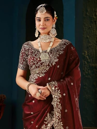 Image of SIRIL Women's Tissue Silk Sequence Embroidery Saree with Unstitched Blouse Piece