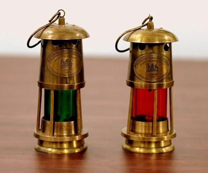 Vintage Brass Flame Safety Lamps – Navy Style London 1920 Replica – Antique Nautical Oil Lantern Miniature Set – Handmade Collectible Ship Lanterns – Maritime Home Decor – Red & Green Glass