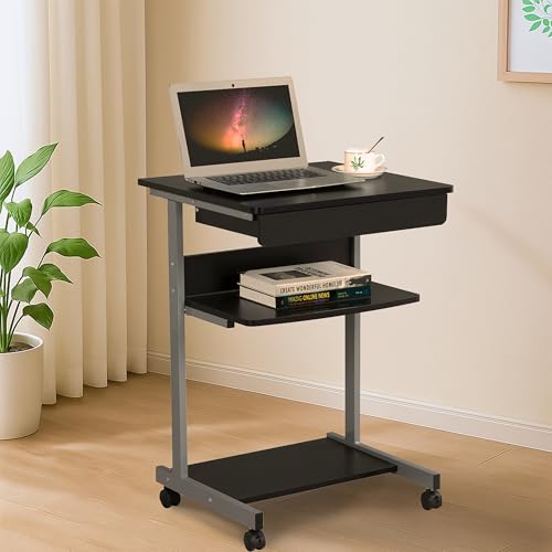 Yaheetech パソコンデスク パソコンラック 幅56cm 引き出し付き ゴムキャスター モニターアーム対応 机 PCデスク ?子 在宅ワーク サイドテーブル 組立簡単 ブラック