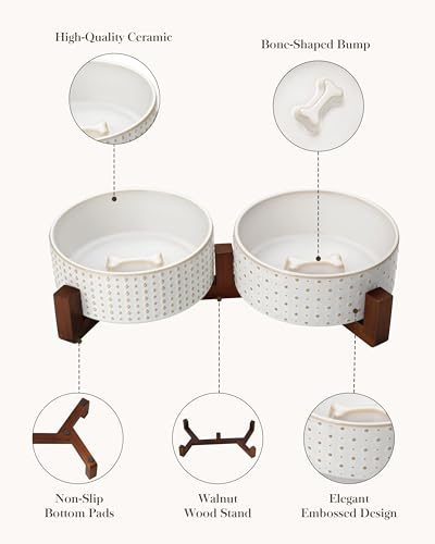 Image of MALACASA Dog Bowl Set, Ceramic Bowls with Walnut Wood Stand, 4 Cups