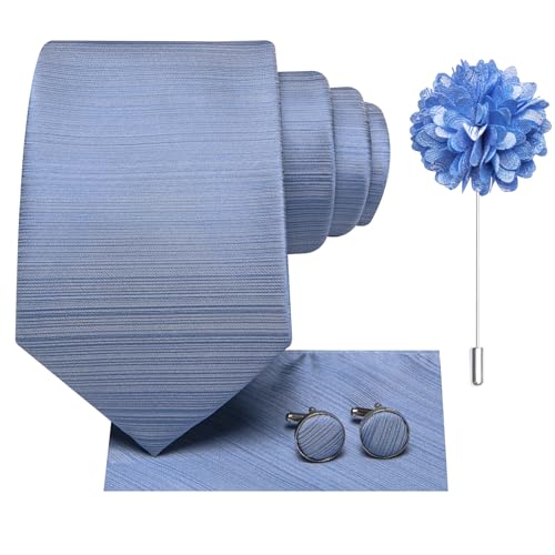 Image of Hi-Tie Men Silk Ties Set with Flower Lapel Pin Necktie Pocket Square Cufflinks for Tuxedo Wedding Business