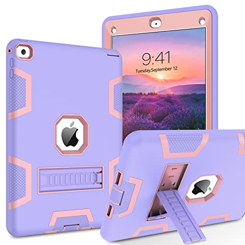 Telaso iPad Air 2 Case, iPad Air 2 Silicone Case, 3 in 1 Three Layer Heavy Duty Shock Resistant Protective Kickstand iPad Cases Cover for iPad Air 2 (A1566 A1567) 2014 Released, Purple/Pink