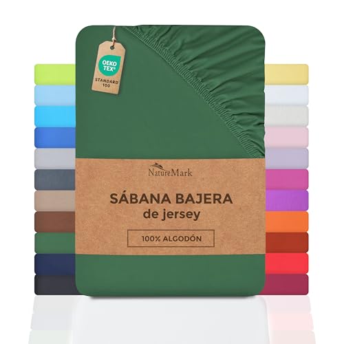NatureMark Sábana Bajera Ajustable de Jersey, 100% algodón en Muchos tamaños y Colores, 90 x 200 cm - 100 x 200 cm Verde Oscuro