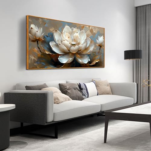 White Lotus Painting Wall Art for Living Room - Gold Flower Wall Decor for Office - Framed Wall Art for Bedroom Size 29" x 59" by aburaeart - Used condition - US$144.84