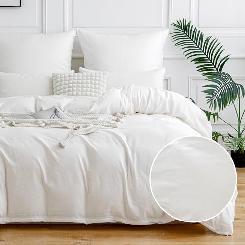 ATsense Doppellagige Muslin Bettwäsche 135x200 4teilig, Flaches Leinenartiges Aussehen Bettwäsche-Sets mit 2 Kissenbezüge 80x80cm, ÖKO-TEX Bettbezug Weiß mit Reißverschluss