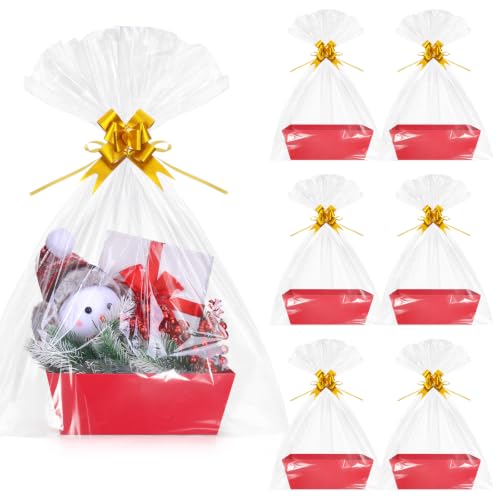 AFOROEOA 6 Pack Red Gift Baskets Empty, 10x8 Thick Paper Basket with 6 Clear Bags and 6 Pull Bows, Red Empty Gift Baskets for Christmas Valentine Wedding Birthday Holiday Party Wrapping