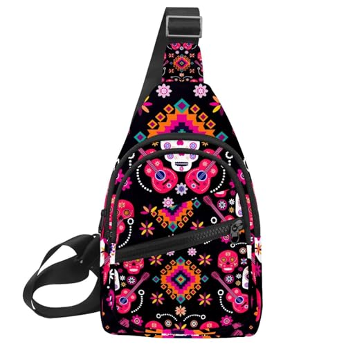Mochila cruzada de gran capacidad con 6 bolsillos con cremallera y diseño de calavera