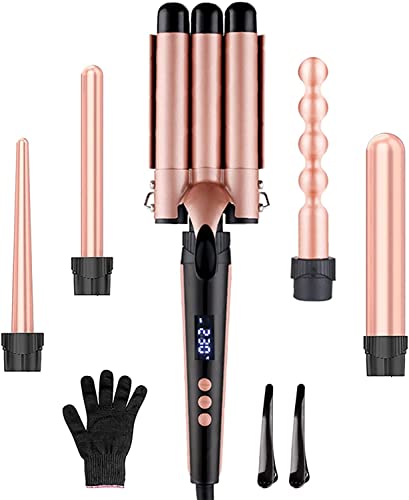 Feadem Curling Wand Iron, 5-in-1 Multifunction Curling Tongs Set with Interchangeable Ceramic Coating Barrels, Curling Wand for Long/Short Hair, LCD Display for Different Size Curls and Waves