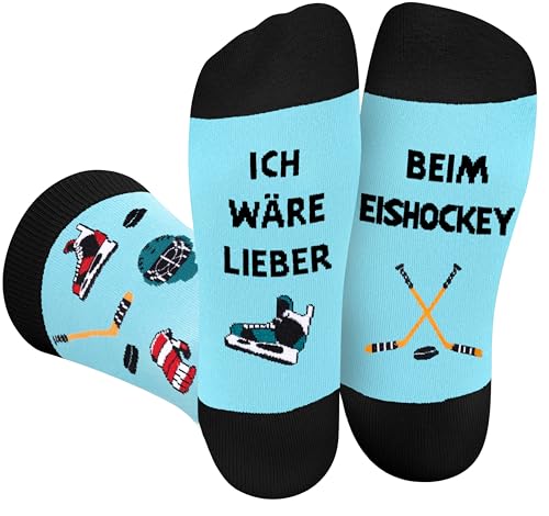 Lustige Socken Herren Damen Jungen - Witzige Eishockey-Socken mit Spruch ICH WÄRE LIEBER BEIM EISHOCKEY - Bunte Coole Verrückte Geschenke Weihnachten Ostern Vatertag Geschenkideen für Papa Männer