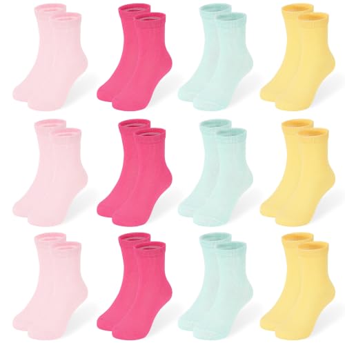 Image of 12 Pairs Girls Crew Socks, Colorful School Socks Ages 1-14 | Gentle colorful socks match all kinds of girls dresses and casual clothes,lovely practical socks