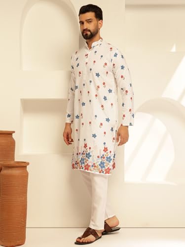 Image of SOJANYA (Since 1958 Men's Cotton Kurta Pyjama with Daman Print & Krochet Embroidery