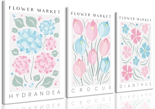 BingruiArt Flower Market Wall Art Pink and Blue Canvas Boho