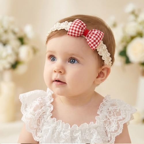 Image of SNOWIE SOFT 3-Piece Baby Girl Lace Headband Set with Tulle Flower, Pink Satin Bow & Red Gingham Bow Soft Stretch Elastic Hair Accessories for Newborns & Toddlers, Photo Props, Parties & Everyday
