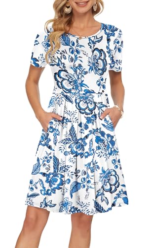 Image of AUSELILY Women's Short Sleeve Summer Dress Pleated Loose Swing Knee Length Dresses with Pockets 2026 New