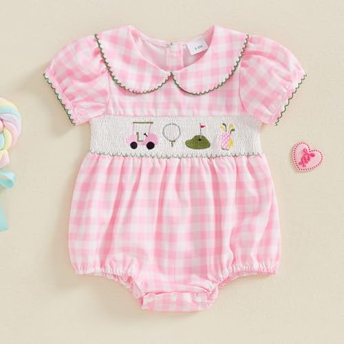 MERSARIPHY Newborn Baby Girl Golf Outfit Bubble Smocked Bubble Romper Short Sleeve Plaid Bodysuit Jumpsuit Summer Clothes2