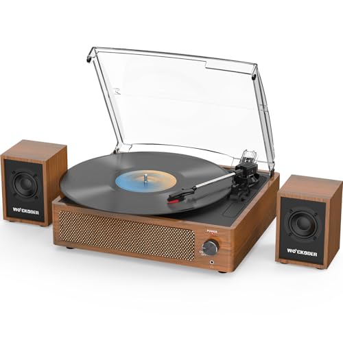 Record Player with External Bookshelf Speakers Belt-Drive Vintage Turntable for Vinyl Records Passive Dual Stereo Speakers LP Players 3 Speed Wireless AUX Headphone Input Auto Stop Retro Brown Wooden