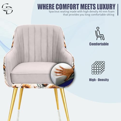 Image of Velvet Accent Chair | Luxury Upholstered Armchair with Sturdy Metal Legs | Modern Comfortable Chair for Living Room, Bedroom, Office, or Cafe (Golden Legs, Light Grey Floral)